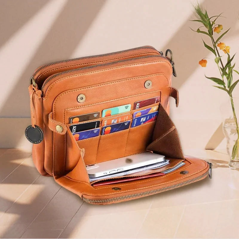 Crossbody Bag Full-Grain Leather Fits 10-In Tablet Adjustable Strap