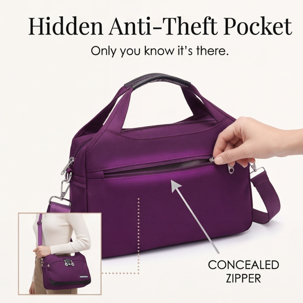 Crossbody Bag Multiple Zippered Compartments Hidden Anti-Theft Pocket