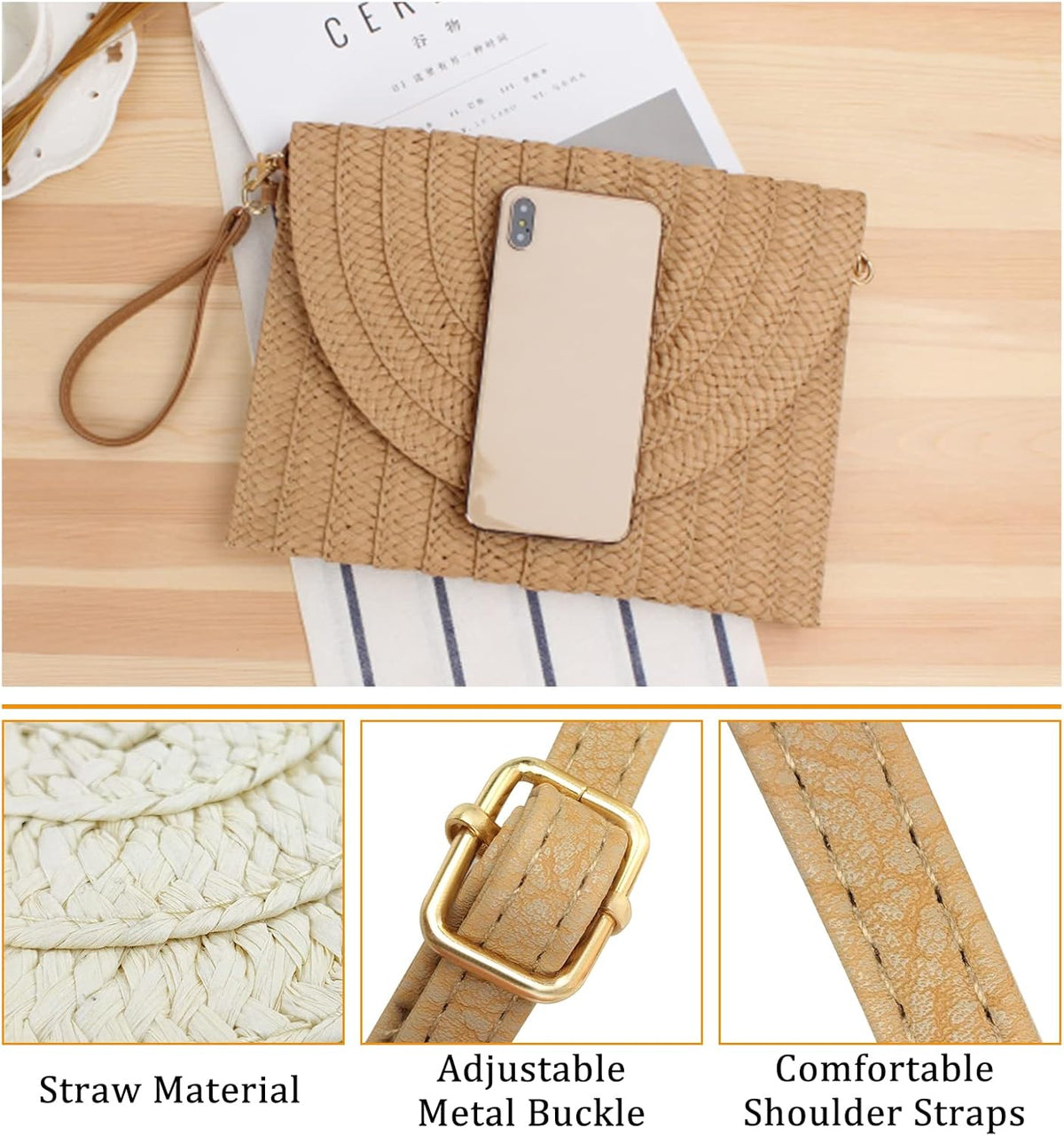 Crossbody Bag Woven Raffia Adjustable Strap Magnetic Closure