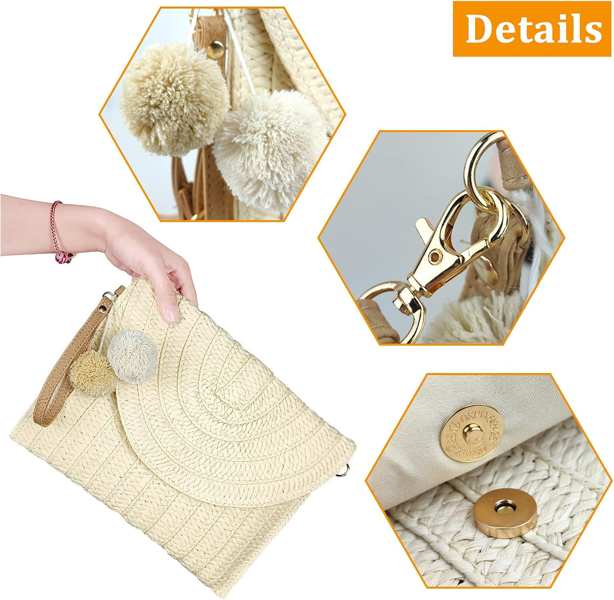 Crossbody Bag Woven Raffia Adjustable Strap Magnetic Closure