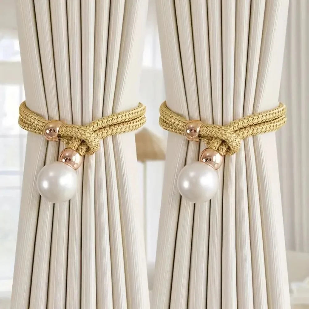 Curtain Tiebacks Pearl Accent & Braided Rope Set of Two