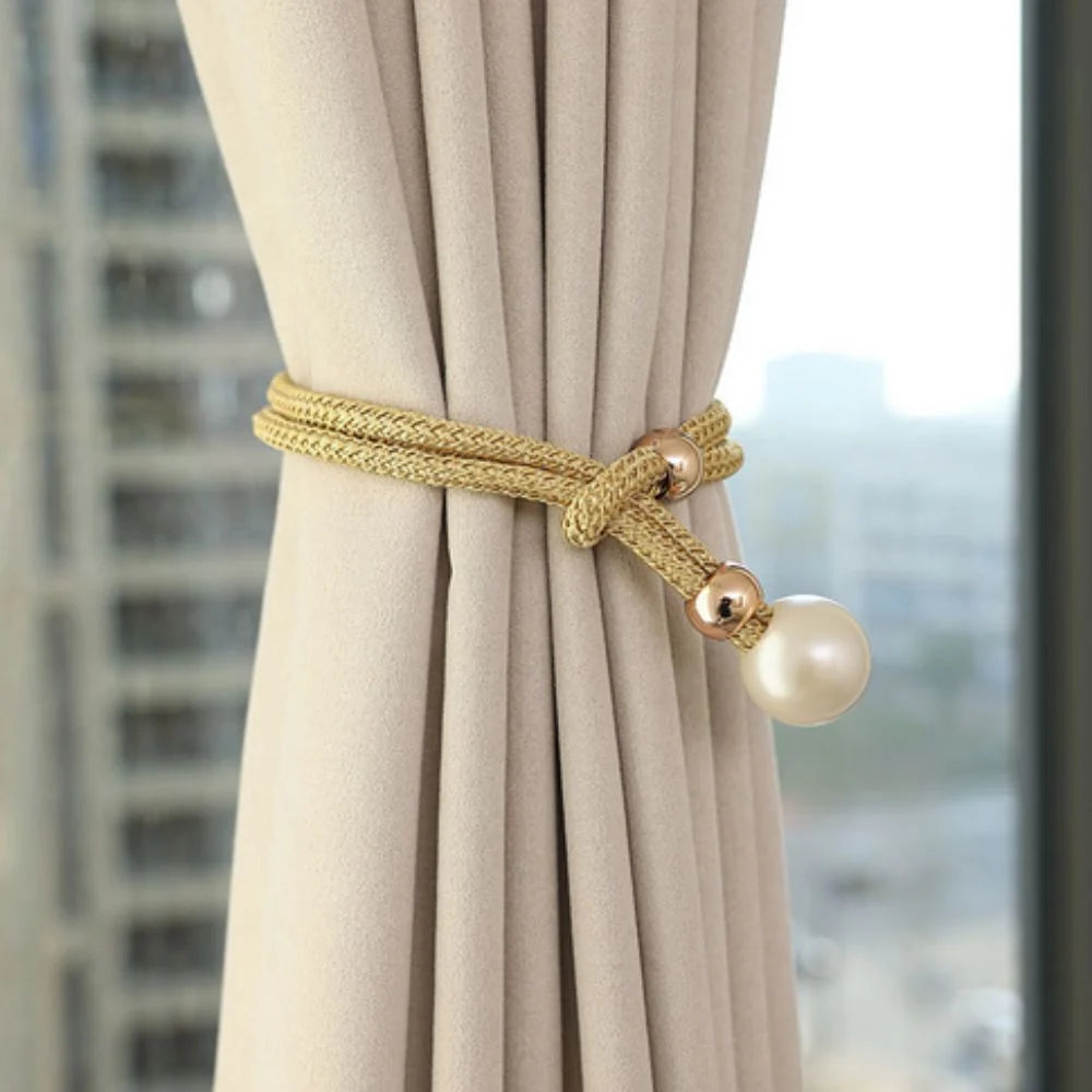 Curtain Tiebacks Pearl Accent & Braided Rope Set of Two