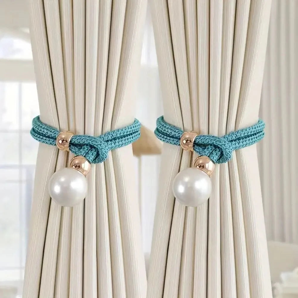 Curtain Tiebacks Pearl Accent & Braided Rope Set of Two