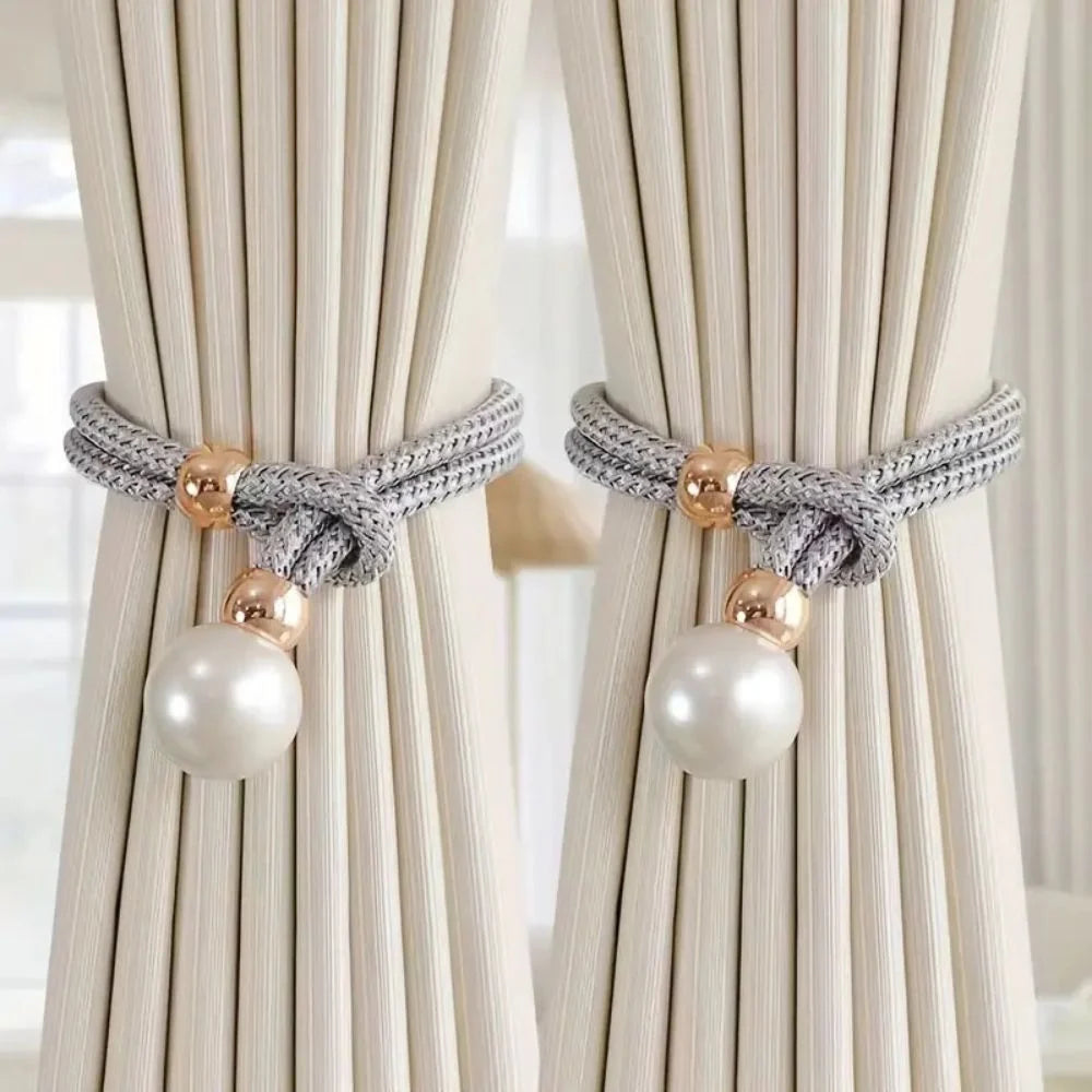 Curtain Tiebacks Pearl Accent & Braided Rope Set of Two