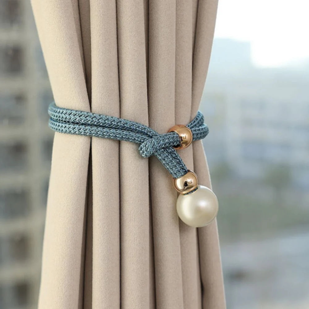 Curtain Tiebacks Pearl Accent & Braided Rope Set of Two