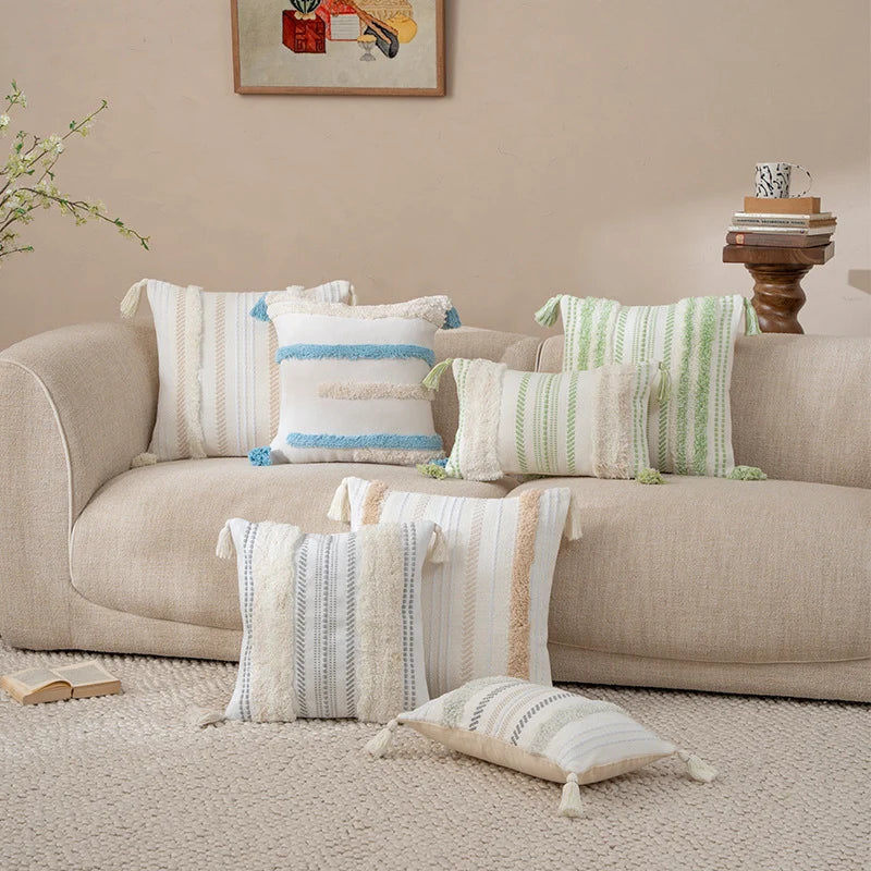 Cushion Cover Bouclé Stripes Cotton Blend Corner Tassels