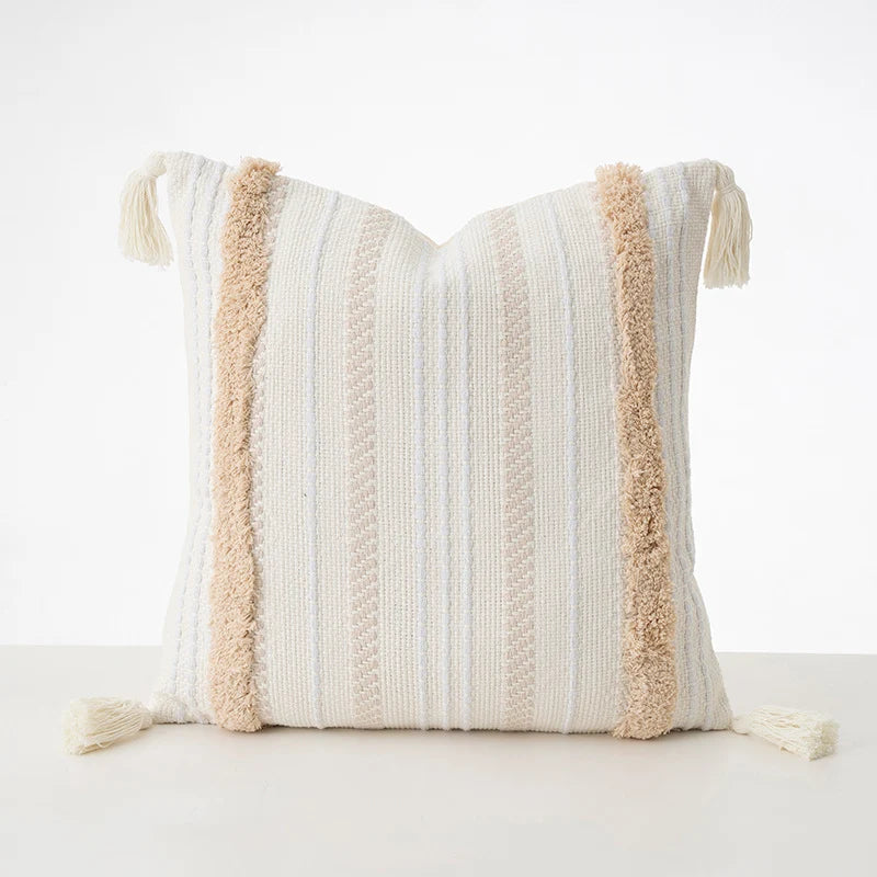Cushion Cover Bouclé Stripes Cotton Blend Corner Tassels
