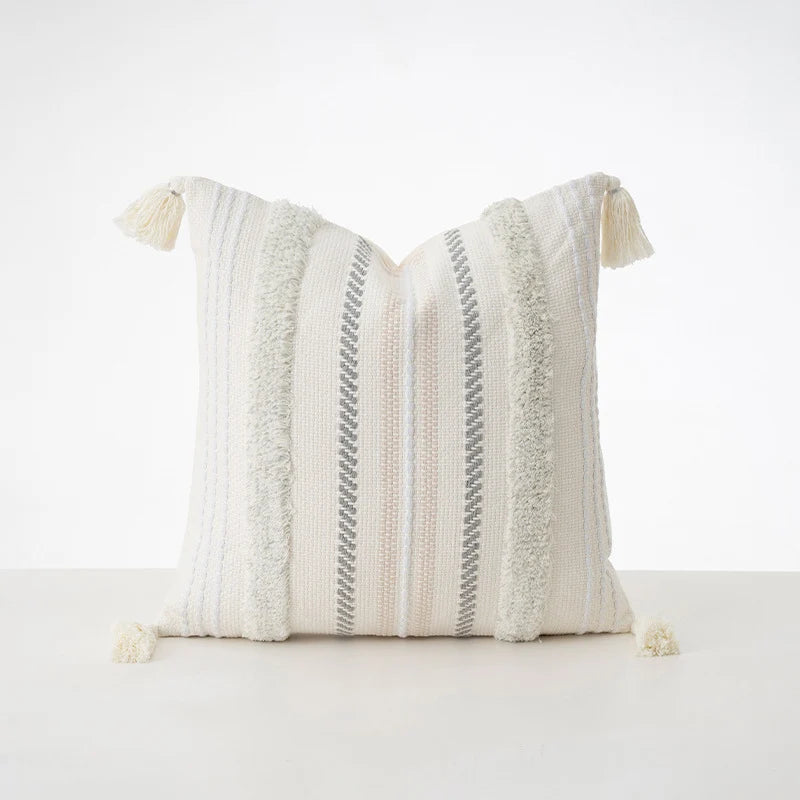Cushion Cover Bouclé Stripes Cotton Blend Corner Tassels