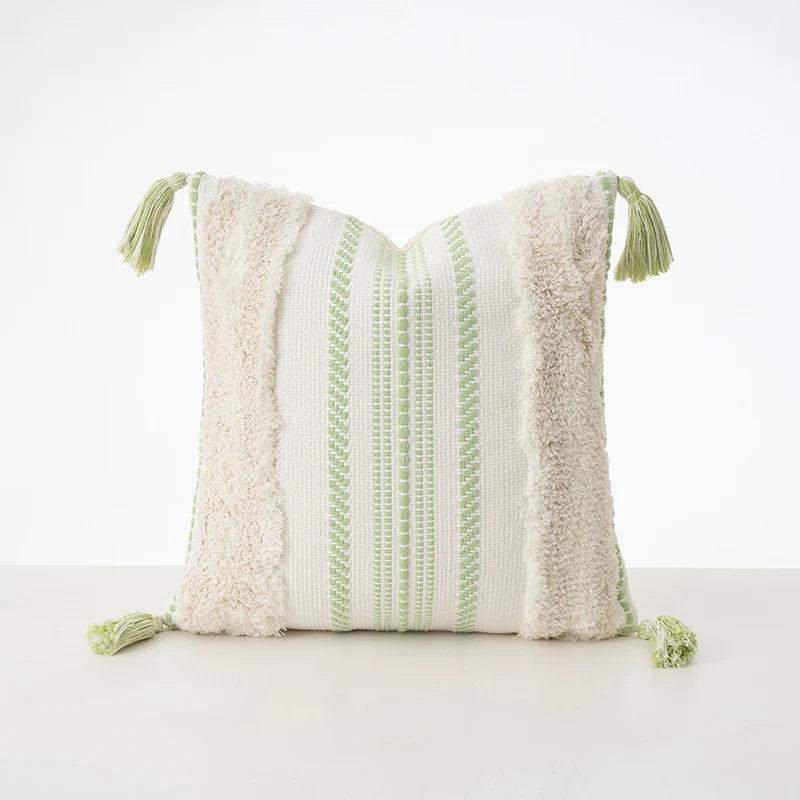 Cushion Cover Bouclé Stripes Cotton Blend Corner Tassels