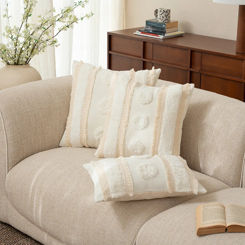 Cushion Cover Bouclé Texture Quilted Tufting & Tassel Trim