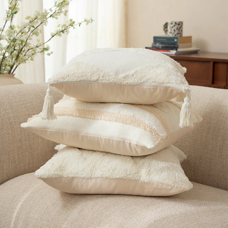 Cushion Cover Bouclé Texture Quilted Tufting & Tassel Trim