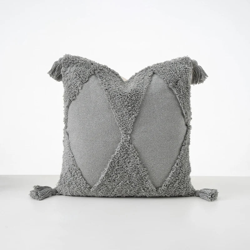 Cushion Cover Bouclé Texture Quilted Tufting & Tassel Trim