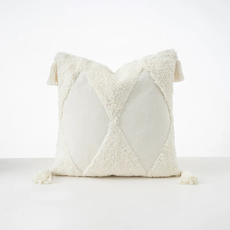 Cushion Cover Bouclé Texture Quilted Tufting & Tassel Trim
