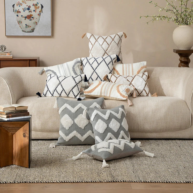 Cushion Cover Boucle Zigzag & Diamond Cotton Blend Tassels