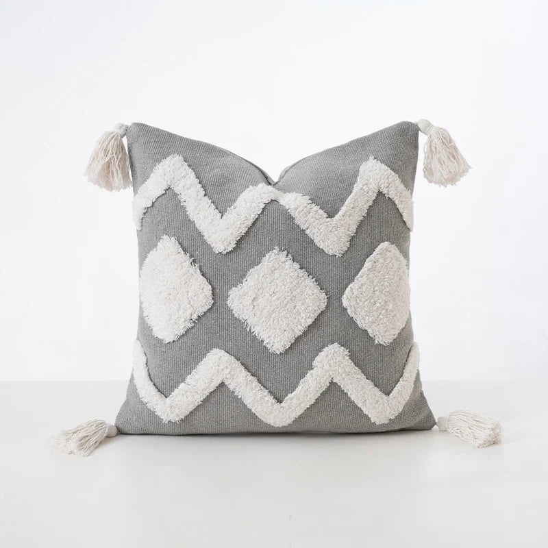 Cushion Cover Boucle Zigzag & Diamond Cotton Blend Tassels