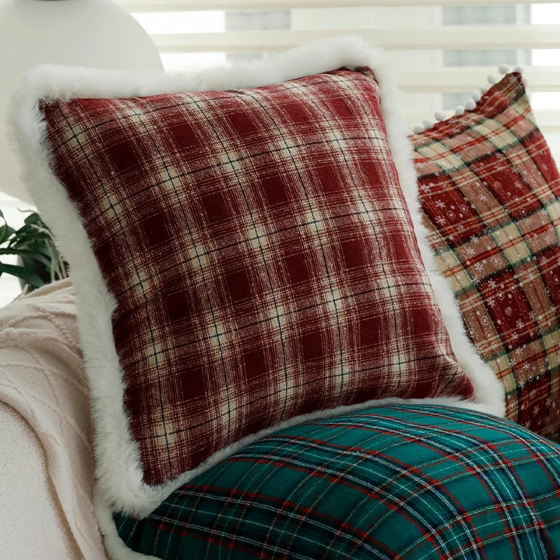 Cushion Cover Checked Flannel Teddy Trim & Concealed Zipper