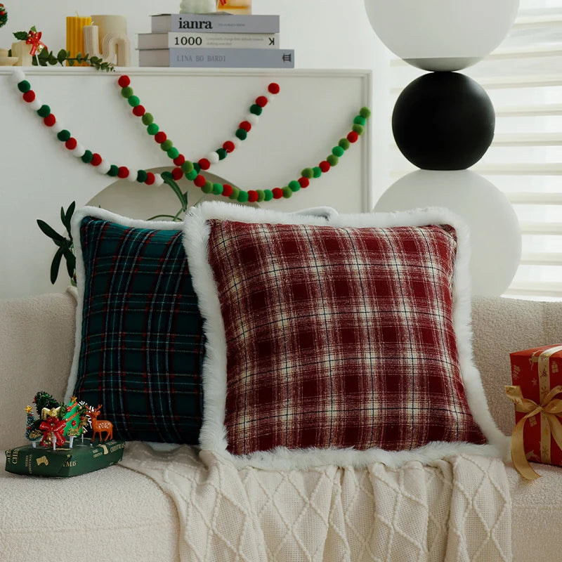 Cushion Cover Checked Flannel Teddy Trim & Concealed Zipper