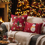 Cushion Cover Cotton Blend Embroidered Snowman & Village
