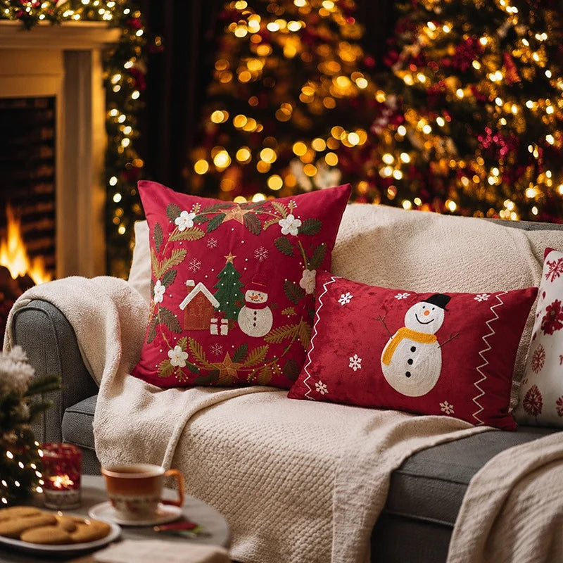 Cushion Cover Cotton Blend Embroidered Snowman & Village