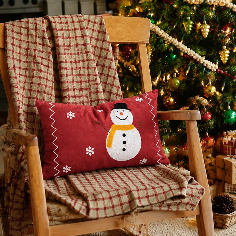 Cushion Cover Cotton Blend Embroidered Snowman & Village