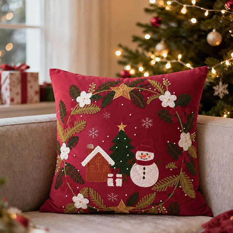 Cushion Cover Cotton Blend Embroidered Snowman & Village
