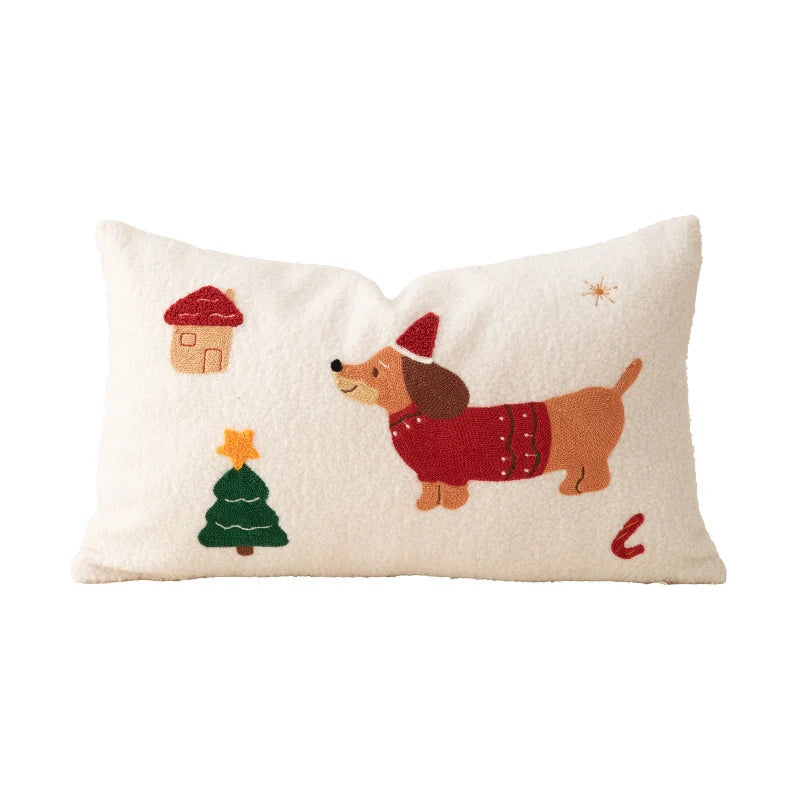 Cushion Cover Cotton Blend Embroidered Snowman & Village
