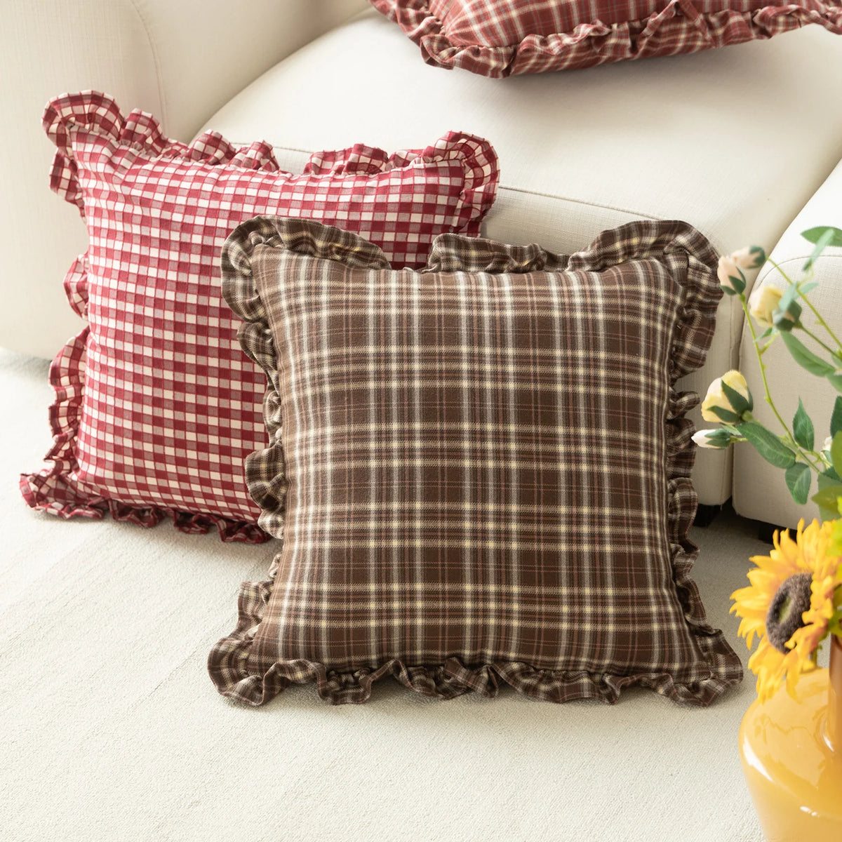 Cushion Cover Cotton Blend Gingham Ruffle 18 x 18