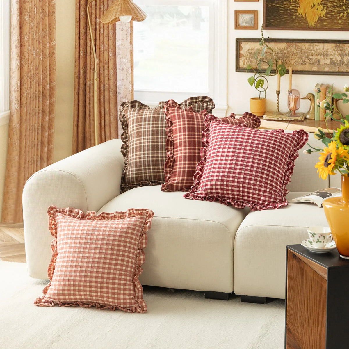 Cushion Cover Cotton Blend Gingham Ruffle 18 x 18