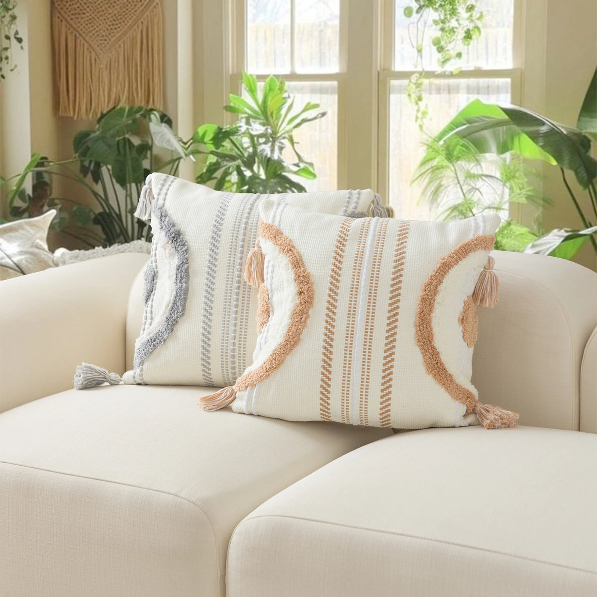 Cushion Cover Cotton Blend Semicircle Tuft & Fringe Tassels