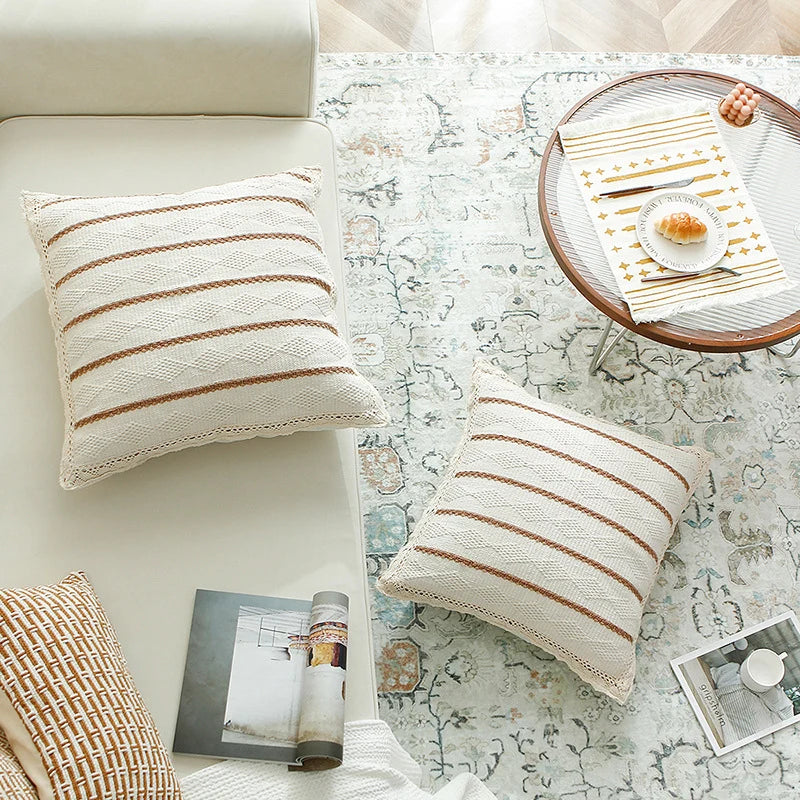Cushion Cover Cotton Blend Vertical Rib Knit Crochet Edge