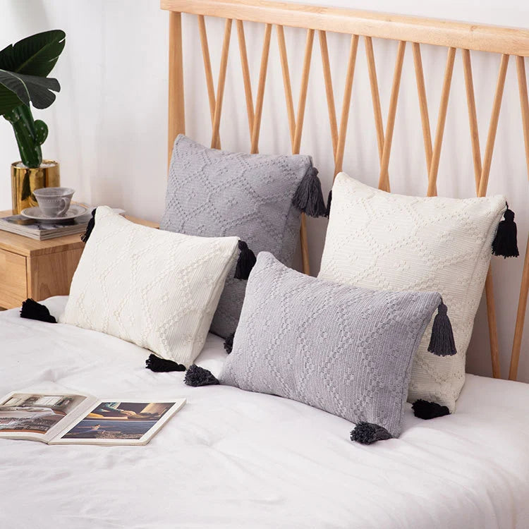Cushion Cover Cotton Blend Woven Diamond Tassels 50x50 cm