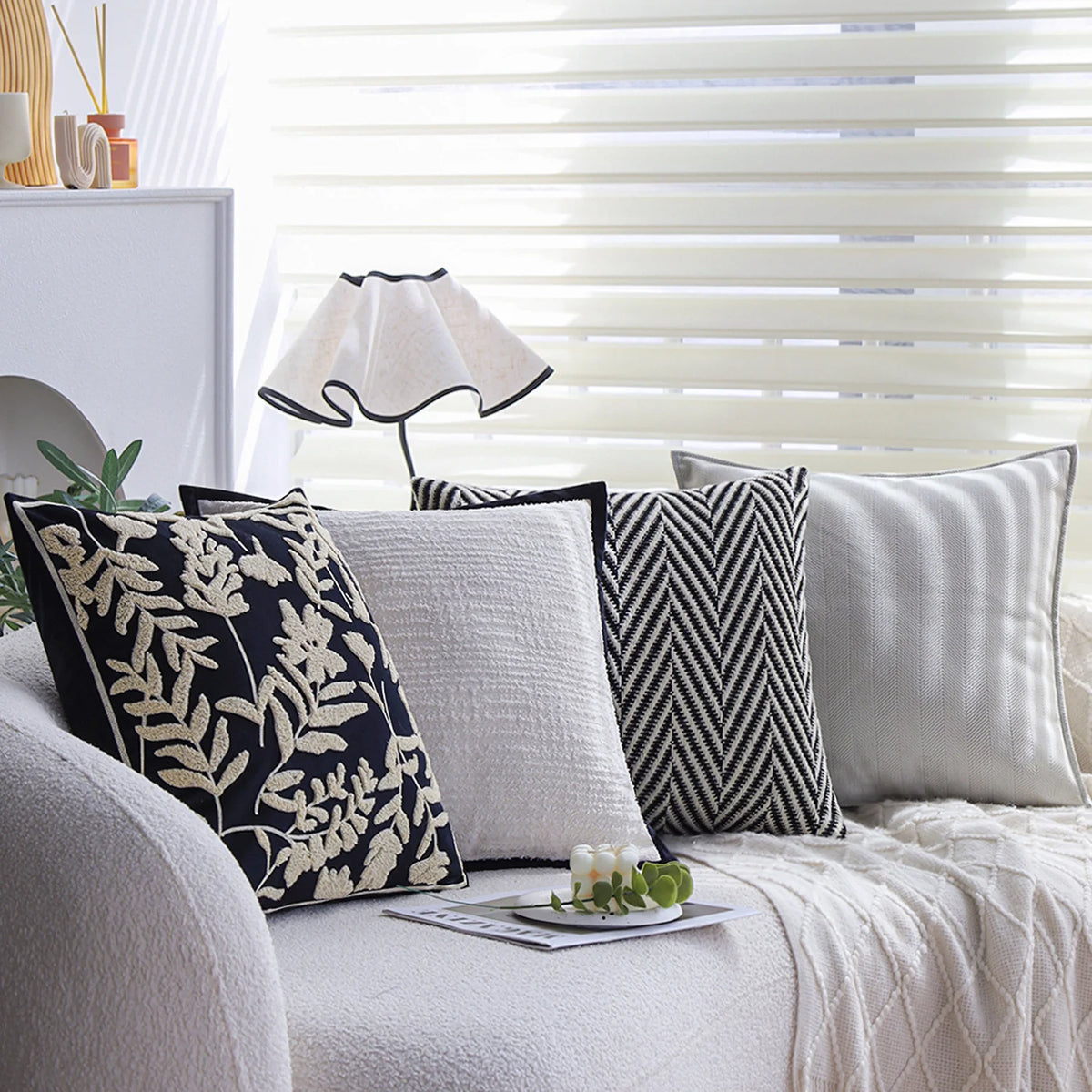 Cushion Cover Cotton-Linen Herringbone Texture Piped Edge