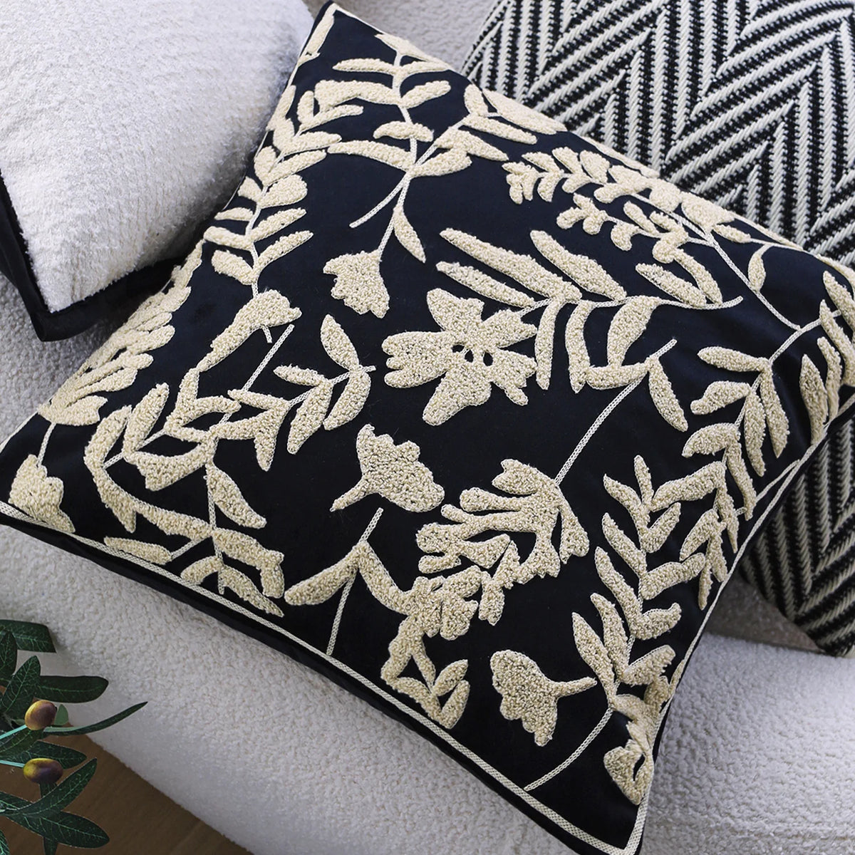 Cushion Cover Cotton-Linen Herringbone Texture Piped Edge
