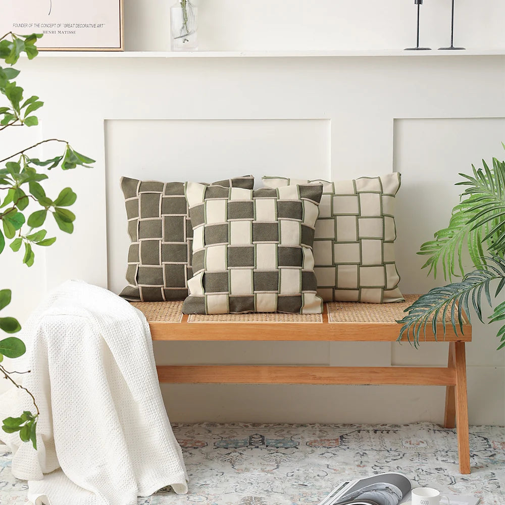 Cushion Cover Cotton-Linen Woven Grid Concealed Zipper