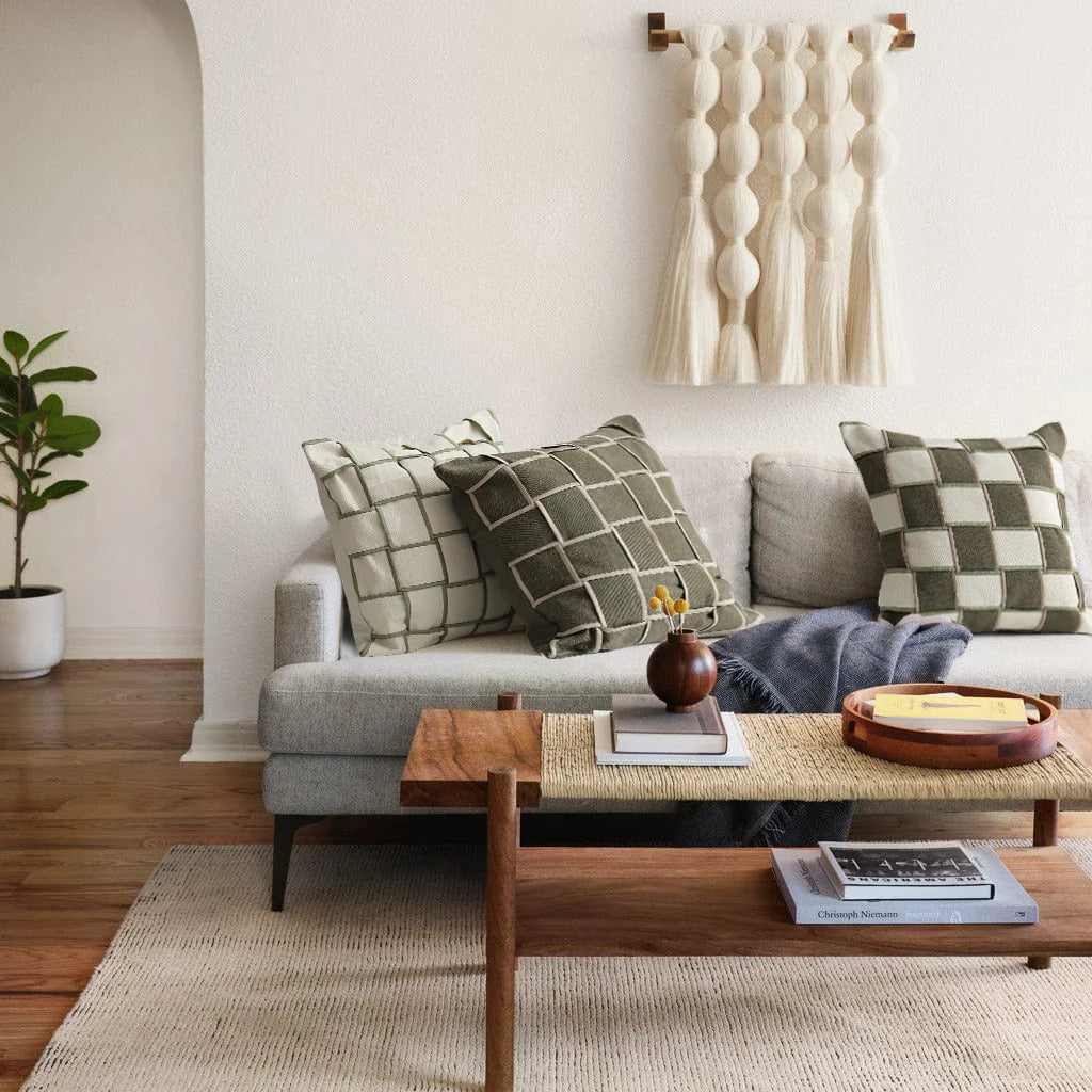 Cushion Cover Cotton-Linen Woven Grid Concealed Zipper