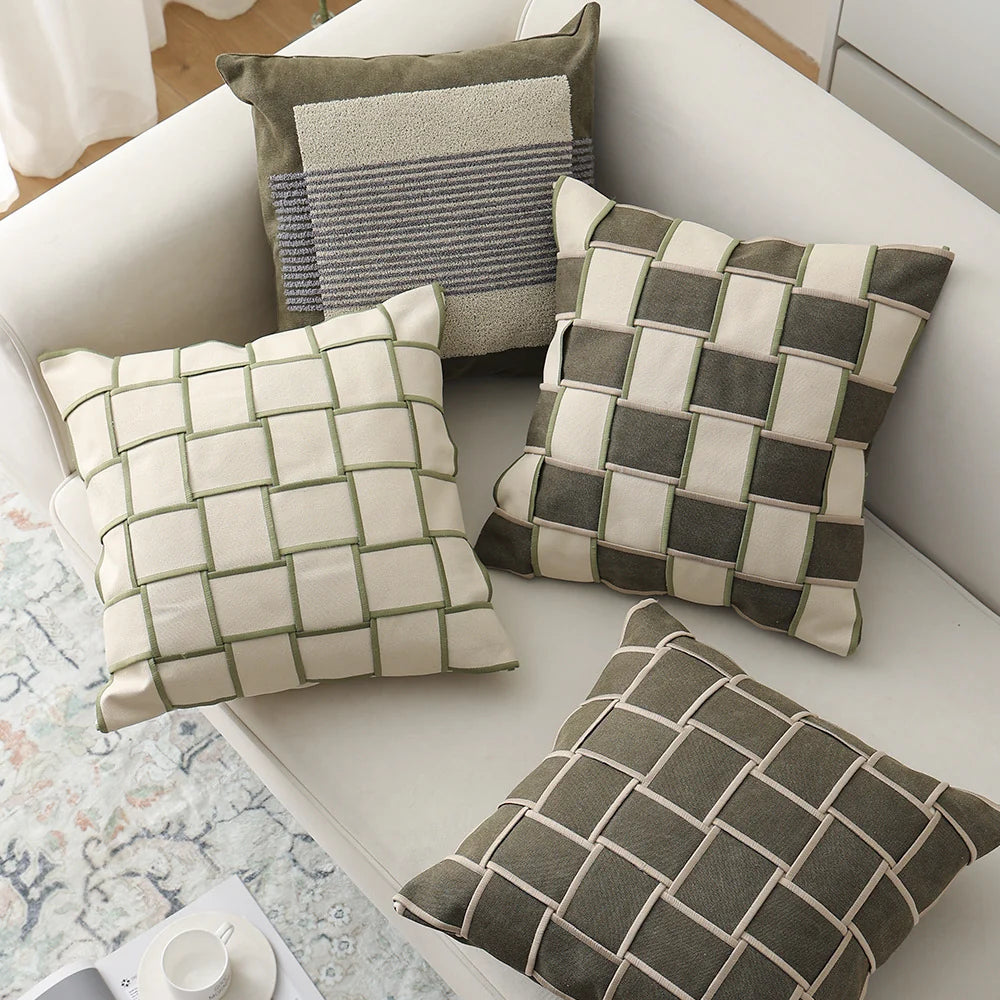 Cushion Cover Cotton-Linen Woven Grid Concealed Zipper