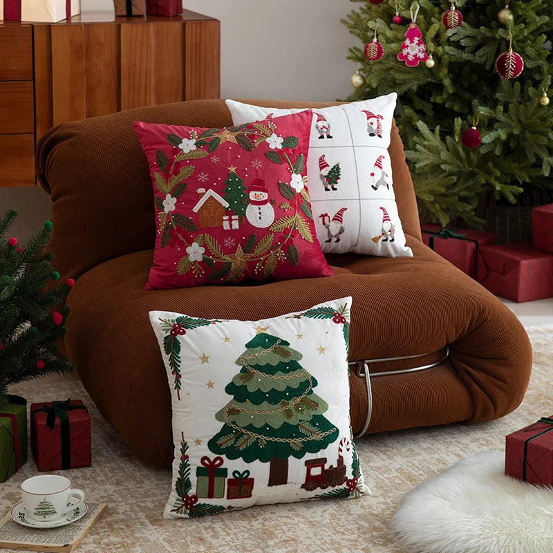 Cushion Cover Embroidered Christmas Cotton-Linen 18x18in