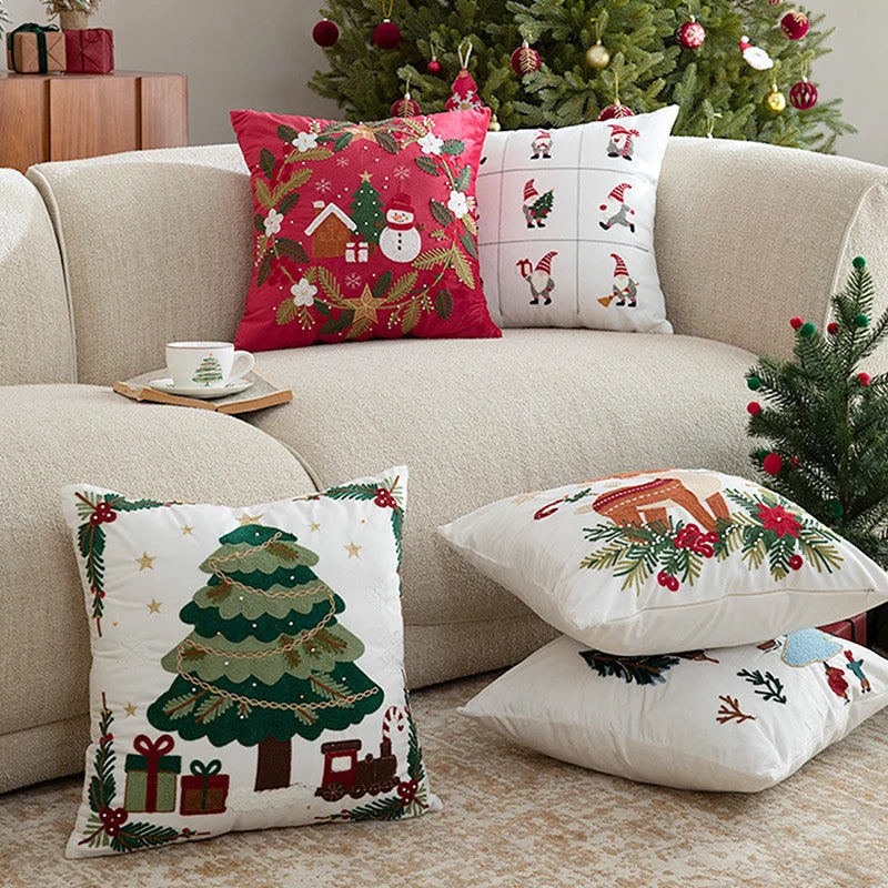 Cushion Cover Embroidered Christmas Cotton-Linen 18x18in