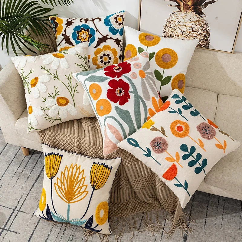 Cushion Cover Embroidered Floral Cotton Canvas Hidden Zipper