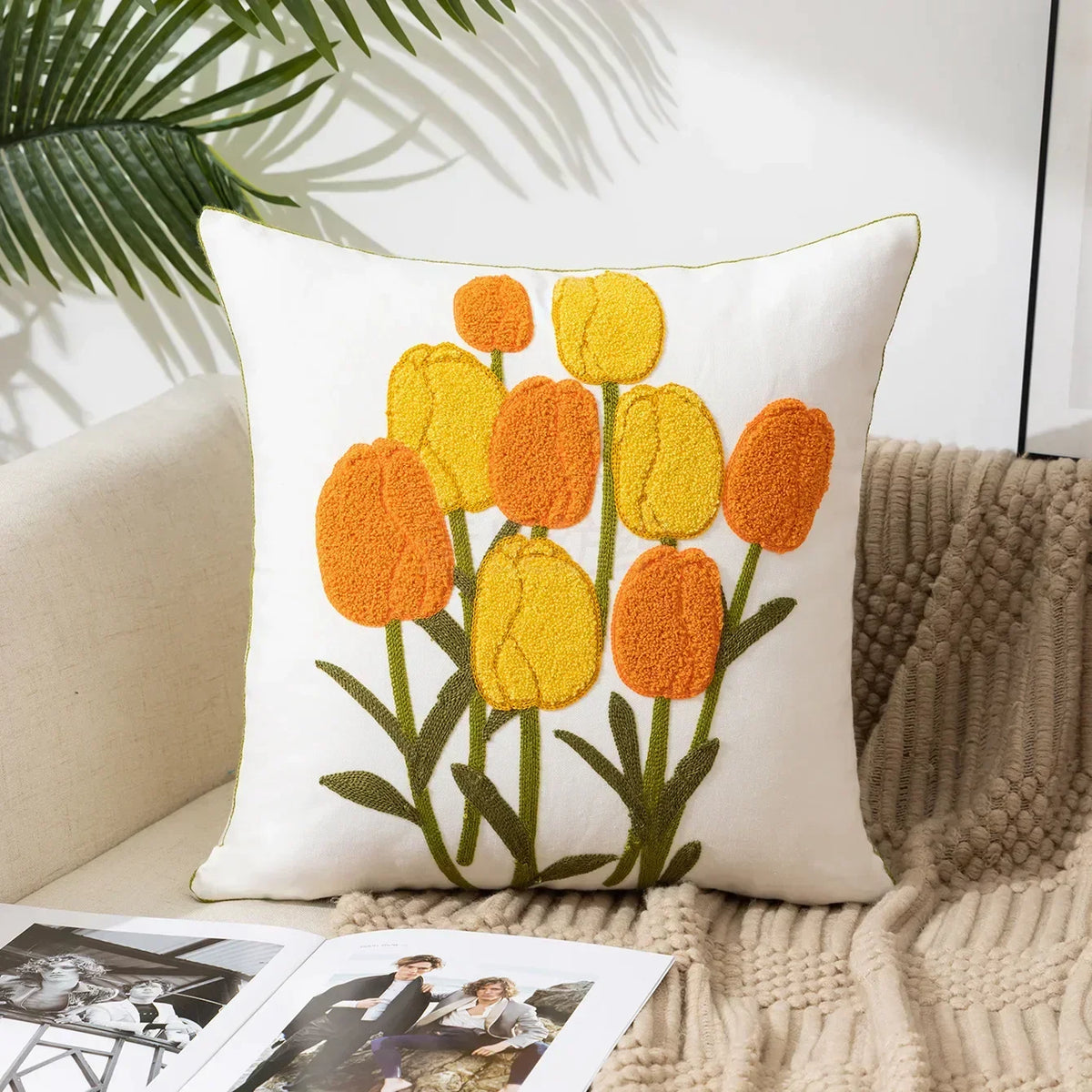 Cushion Cover Embroidered Floral Cotton Canvas Hidden Zipper