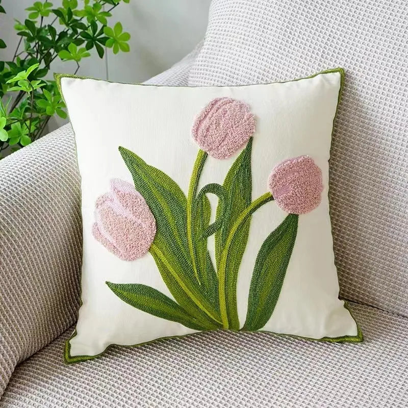 Cushion Cover Embroidered Floral Cotton Canvas Hidden Zipper