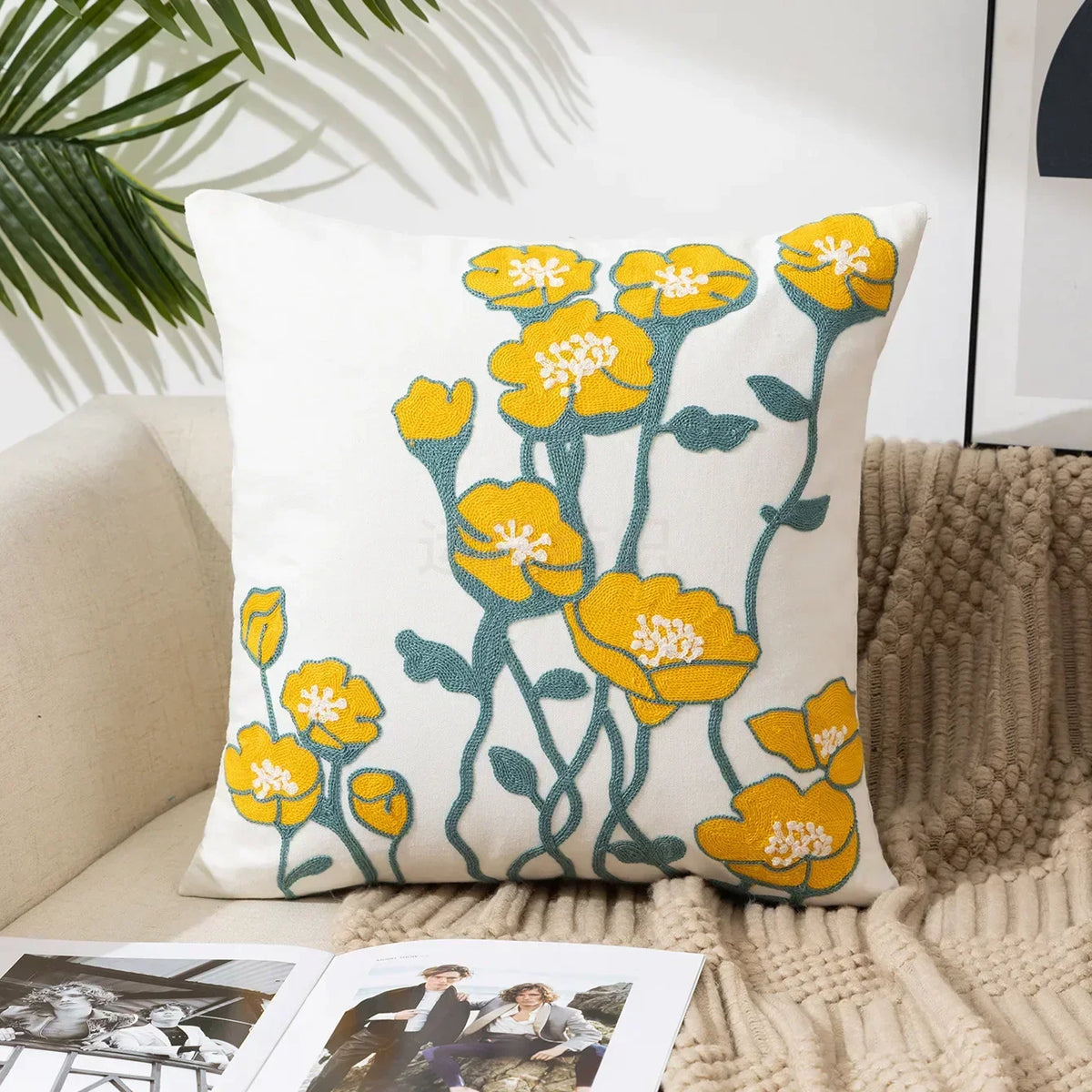 Cushion Cover Embroidered Floral Cotton Canvas Hidden Zipper