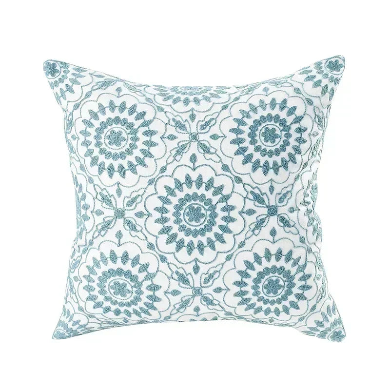 Cushion Cover Embroidered Floral Cotton Canvas Hidden Zipper