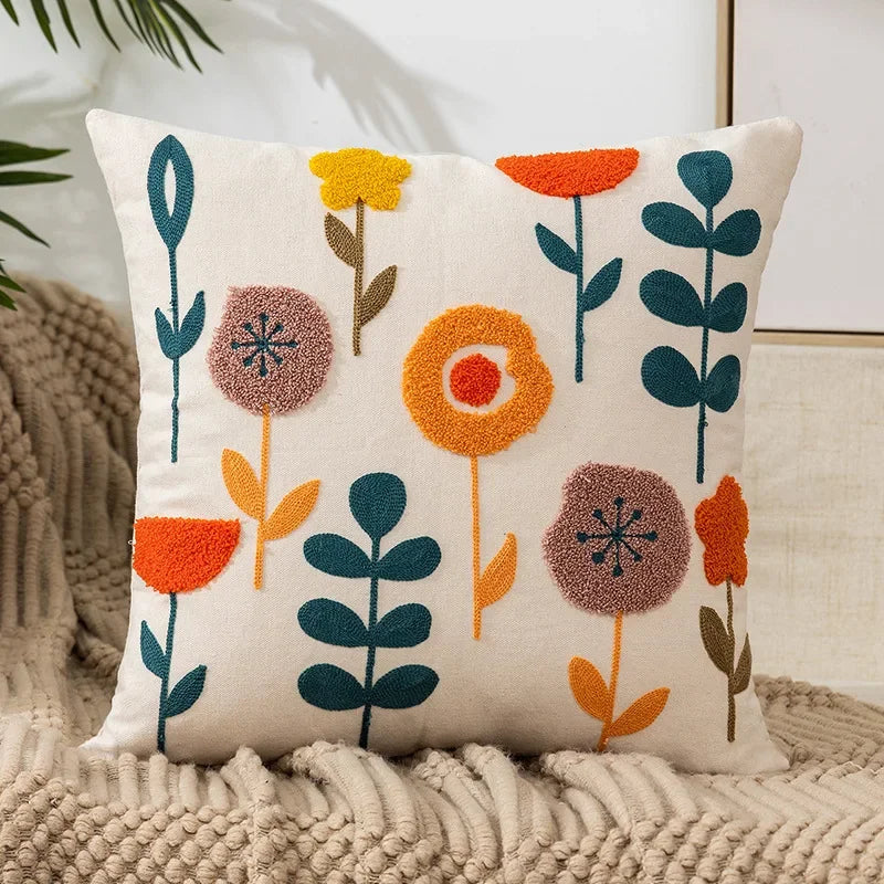 Cushion Cover Embroidered Floral Cotton Canvas Hidden Zipper