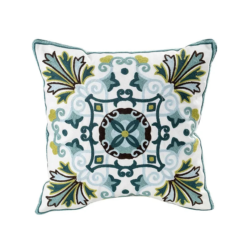 Cushion Cover Embroidered Floral Cotton Canvas Hidden Zipper