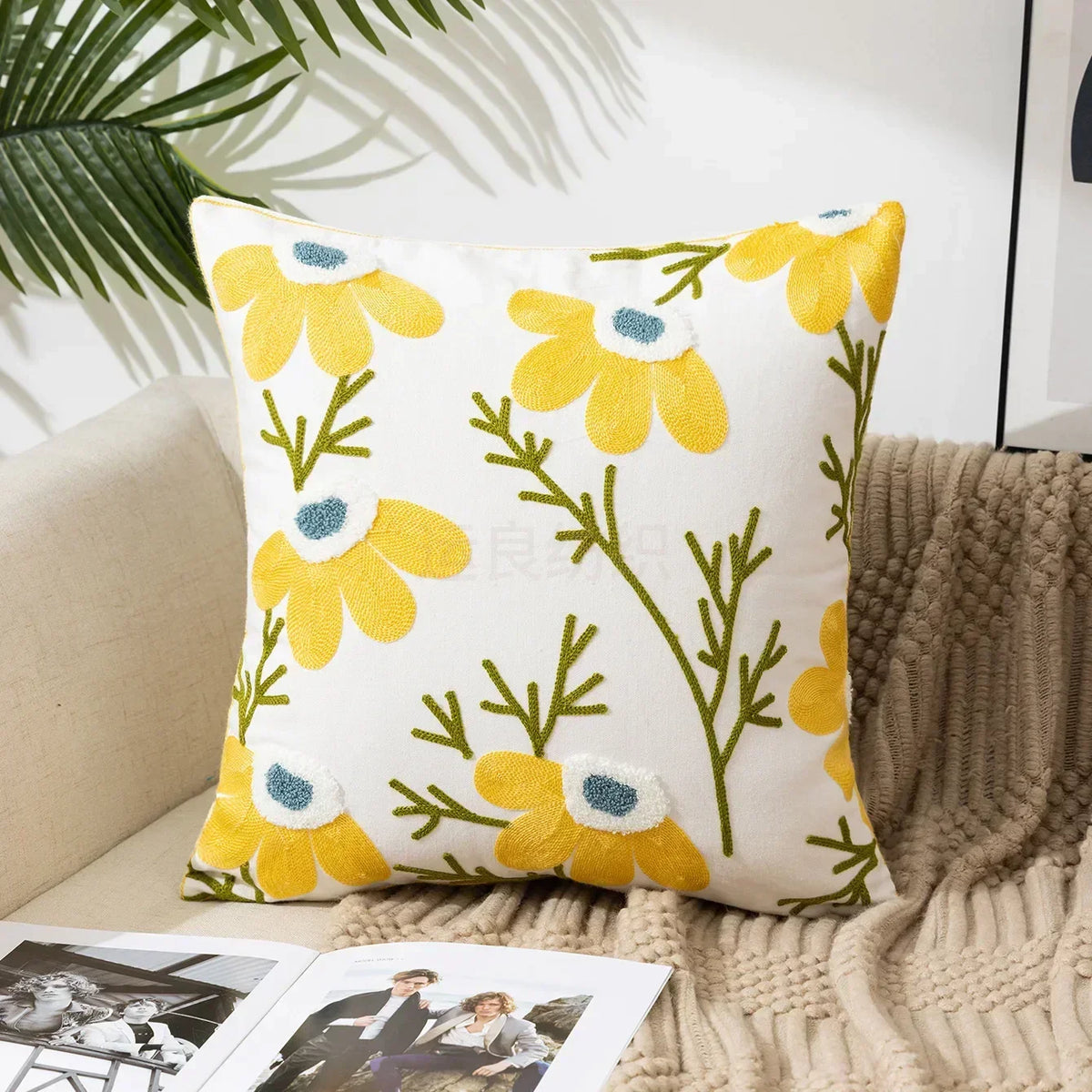Cushion Cover Embroidered Floral Cotton Canvas Hidden Zipper