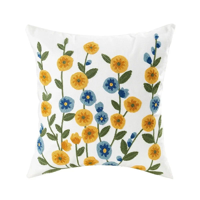 Cushion Cover Embroidered Floral Cotton Canvas Hidden Zipper