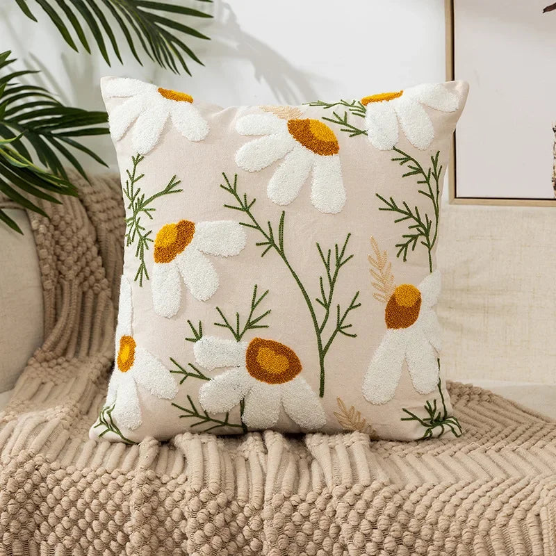 Cushion Cover Embroidered Floral Cotton Canvas Hidden Zipper