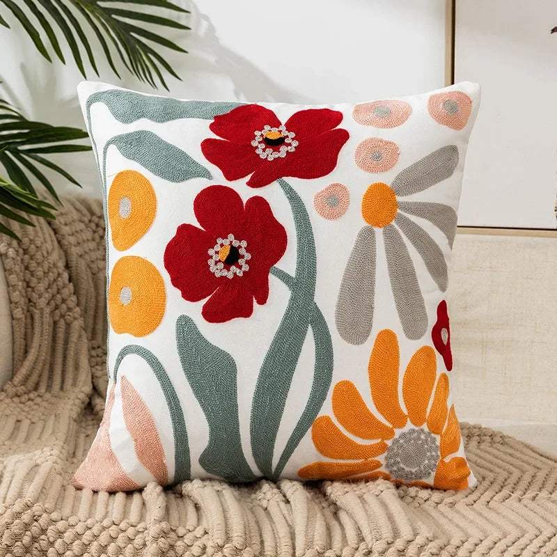 Cushion Cover Embroidered Floral Cotton Canvas Hidden Zipper