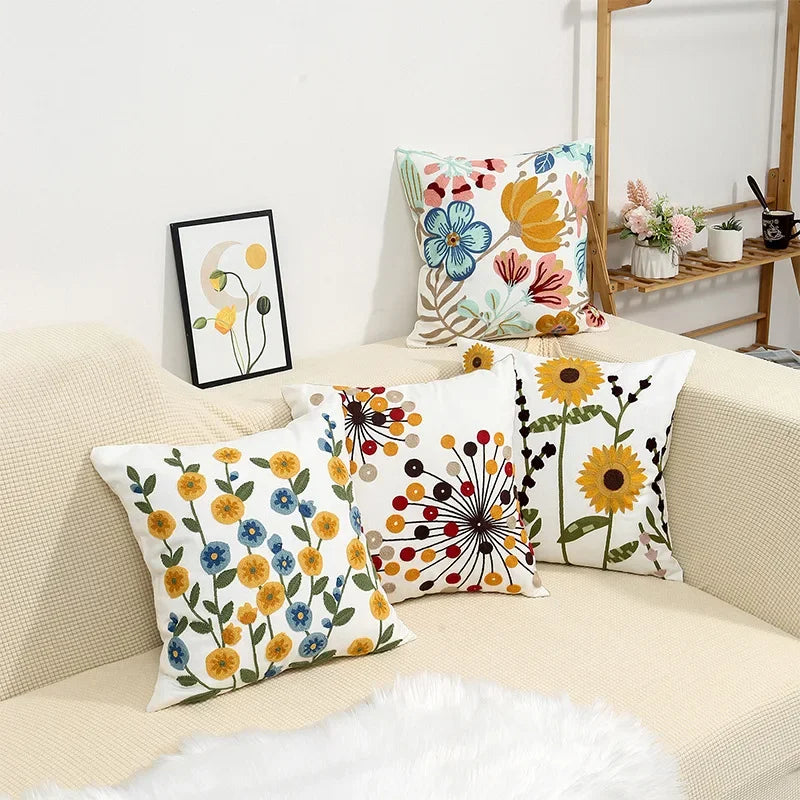 Cushion Cover Embroidered Floral Cotton Canvas Hidden Zipper